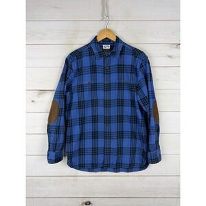 Pendleton Hawthorne Shirt Mens Medium Blue Plaid Flannel LS Elbow Patch Button